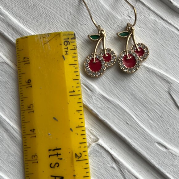 Vintage Cherry Pierced Earrings, Rhinestone embellished, fish hooks, red , - Picture 6 of 7